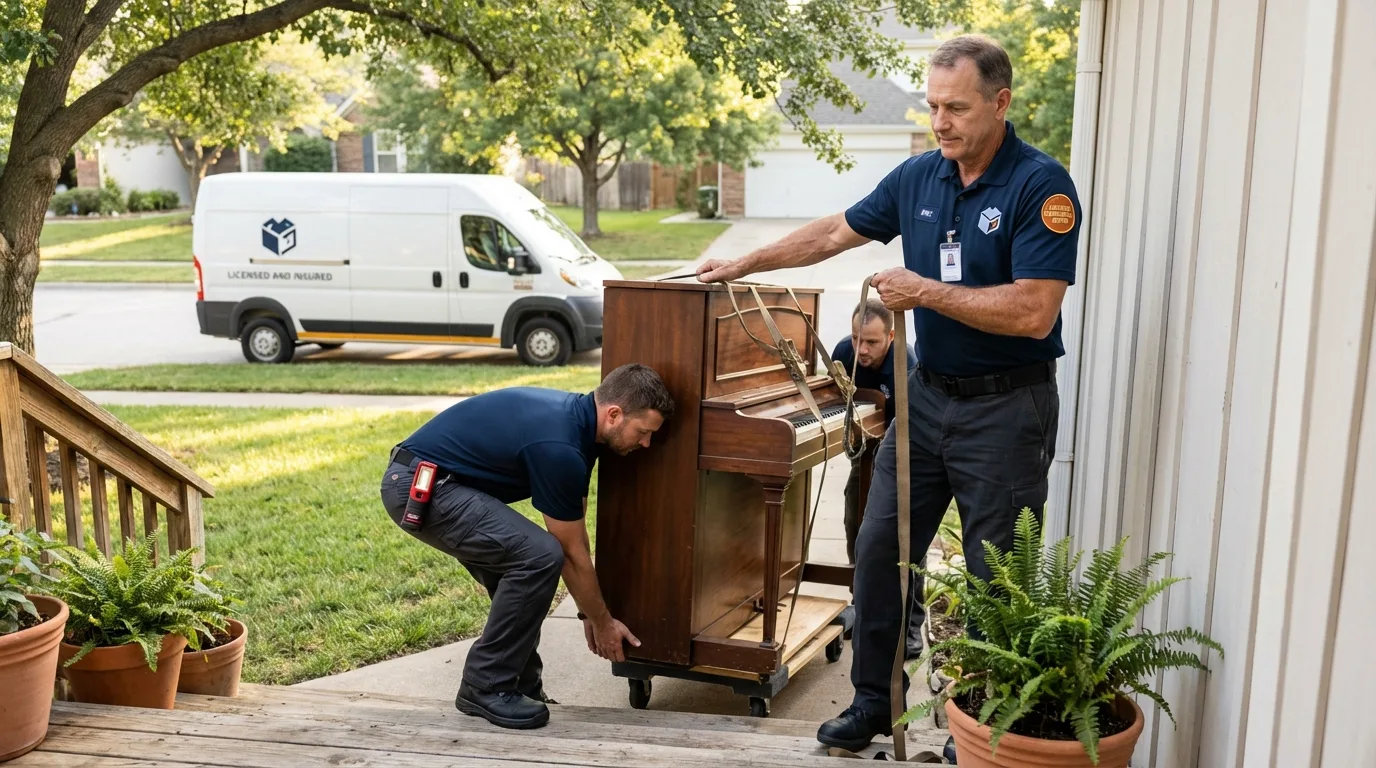 Licensed piano movers securing grand piano in Windsor, MO