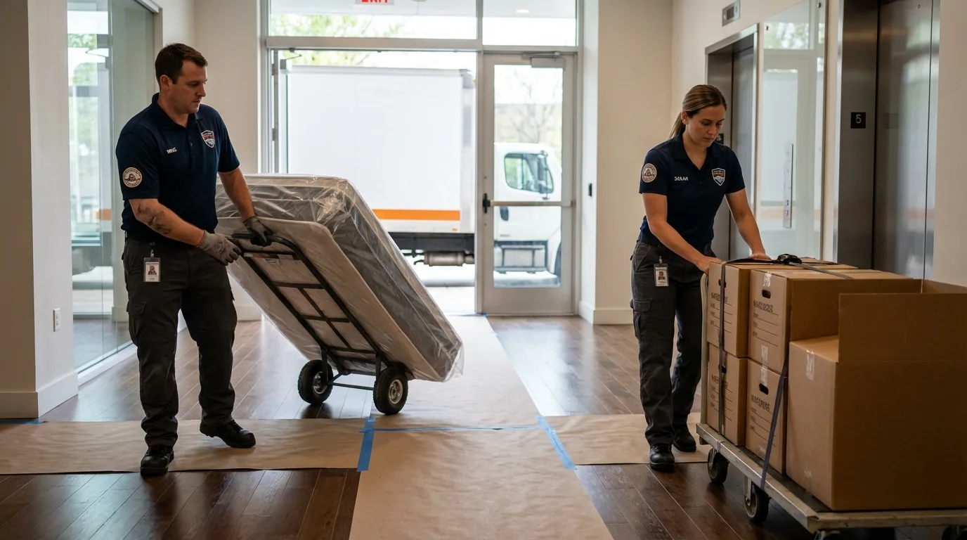 Professional apartment movers loading elevator in Windsor, MO
