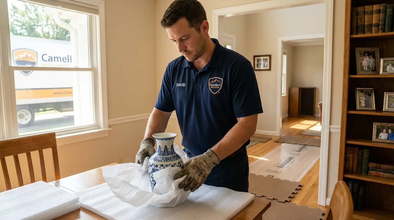 Professional crew carefully wrapping antique vase for senior downsizing move in Windsor, MO